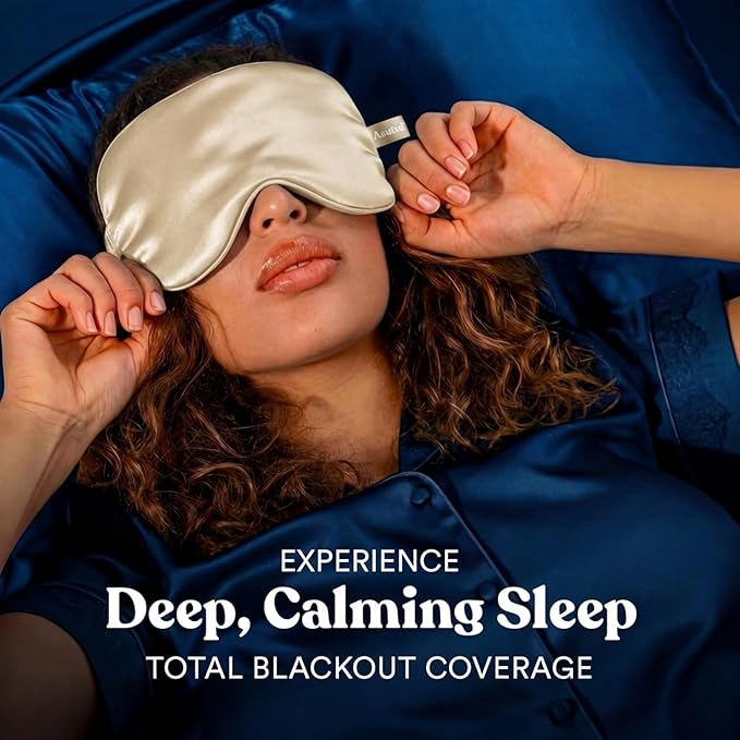 ASUTRA Silk Eye Pillow for Sleep, Champagne - Filled w/Lavender Buds & Flax Seeds, Weighted Eye Mask, Meditation & Light Blocking Blindfold, Cooling Gel Mask Included