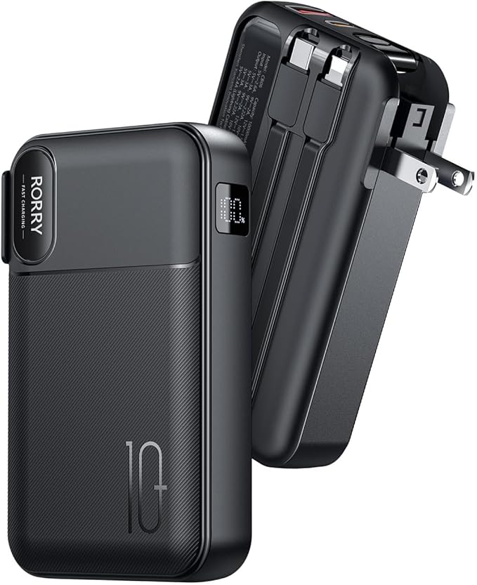 RORRY Portable Charger Built in Cables, AC Wall Plug In Portable Charger Power Bank 10000mAh Travel Battery Pack 22.5W Fast Charging for iPhone 17/16/15 Samsung Galaxy S25/S24/S23 Pixel LG iPad, Black
