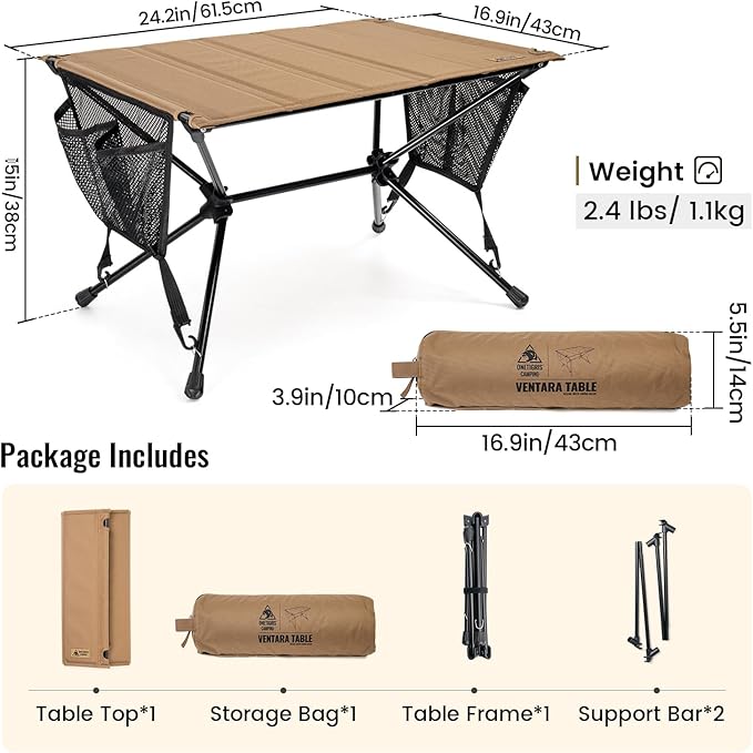 ONETIGRIS VENTARA Camping Table, Ultralight Foldable Table Sturdy & Quick Setup, Weighs Only 2.4 lbs, Perfect for Camping, Hiking, Backpacking, Picnic, Beach, Travel