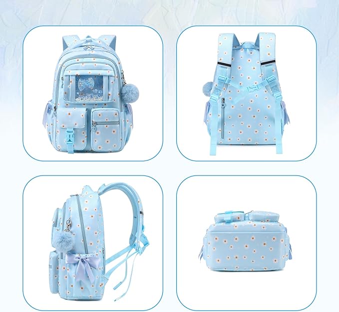 PIG PIG GIRL Kids Backpack for Girls - School Bags for Middle School Students - Book Bag for Elementary Primary - Kawaii Ita Backpack - Blue Daisy