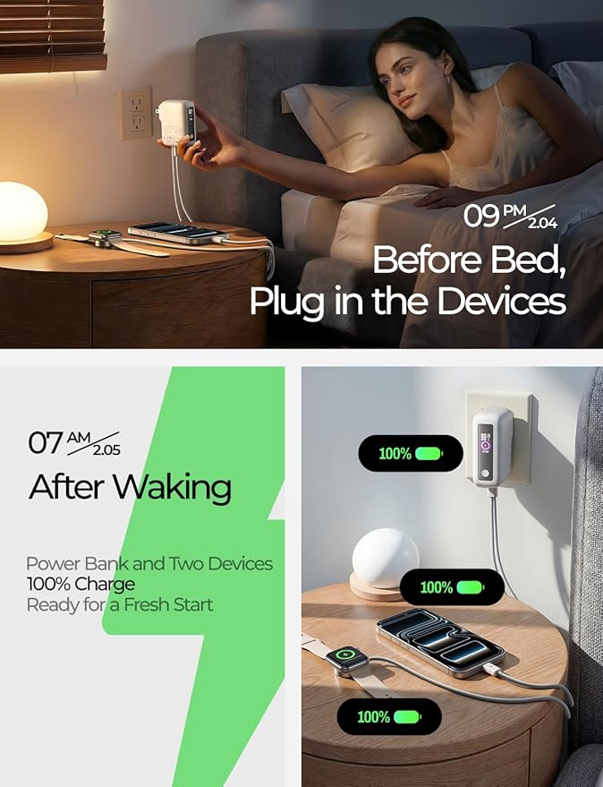LISEN [Practical＆Lazy Design] 3 in 1 Travel Essentials Power Bank，7000mAh 35W Fast Charging with Wall Plug and Build-in Cable for iPhone 17 16 15 Pro Max Plus,Samsung Galaxy,iPad,Android，Pearl White