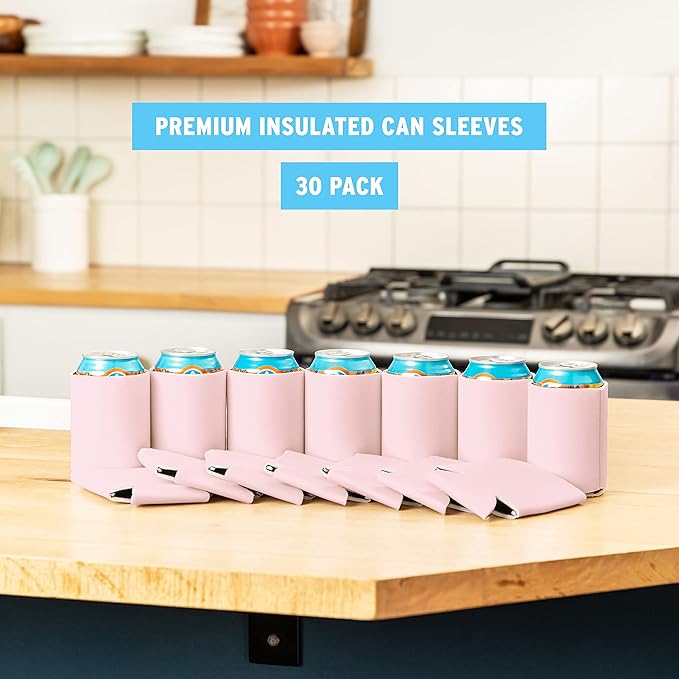 Blank Beer Can Coolers Sleeves (30-Pack) Soft Insulated Beer Can Coolies - HTV Friendly Plain Koolies in Bulk for Beer Cans & Bottles - Coolie Blanks for Vinyl Projects & Wedding Favors (Blush)