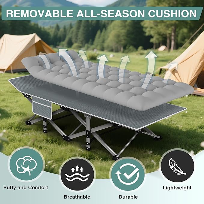 ZENPETIO Camping Cot for Adults - Heavy-Duty Cot Bed with Mattress, Portable Sleeping Cots for Outdoor Indoor, 1200D Oxford Folding Cots for Home Travel, Max Load 500LBS, Fits People up to 6'3", Gray