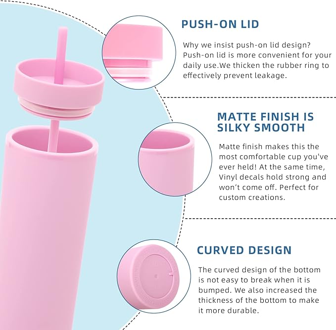 Volhoply 20oz Plastic Skinny Tumblers Bulk 10 Pack,Double Wall Tumbler with Lid and Straw,BPA Free Matte Acrylic Iced Coffee Cups with Straw,Reusable Travel Cute Mug for Party,DIY Gift(Pink, 10 Set)