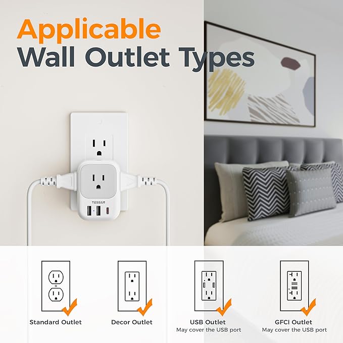 TESSAN USB C Charger Block 20W PD, Fast Charging Adapter Wall Plug, Power Outlet Extender(4 AC and 3 USB) for Cruise, Home, Office, Dorm Room Essentials, Grey