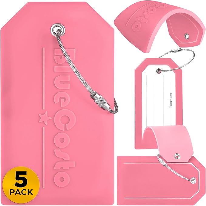 BlueCosto - Luggage Tags - Large, Pink, 5 PK - PVC Suitcase Tags w/Privacy Cover & Stainless Steel Wire Loops - Personalized Baggage Identifiers for Travel - Backpack Name Labels