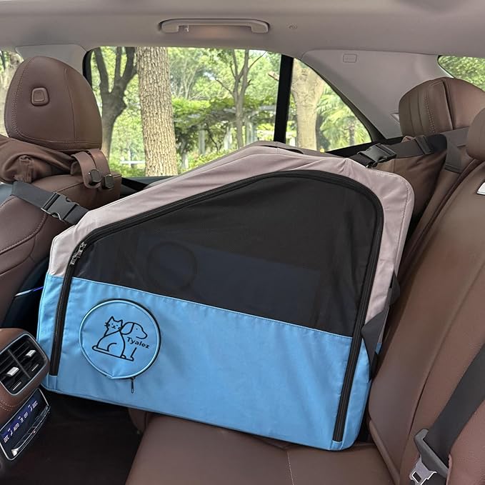 Large Portable Pet Crate for Car Travel, 24"x22"x25" Foldable Dog & Cat Carrier with Secures Seatbelt & Headrest Strap, Oxford Soft-Sided Pet Kennel with Removable Bed for Medium & Large Pet