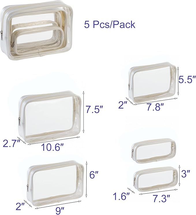 Remobia Hicol TSA Approved 5-Piece Diaper Bag Organizer Pouch Set Clear Waterproof TPU Kids Toiletry Storage Set Travel Packing Clutch Cube Bags for Baby Nursing(Pearl White Leather)