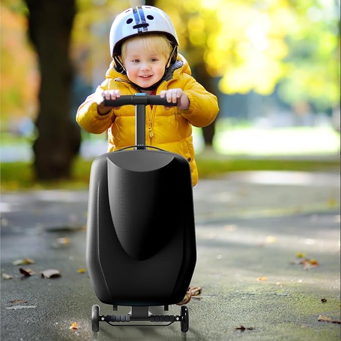 TABU 21" 3-D Hardshell Scooter Suitcase for Kid & Adult, Foldable Carry-on Scooter Luggage with Telescopic Handle, Multifunctional Lightweight Traveling Suitcase for Age 4-15, Black