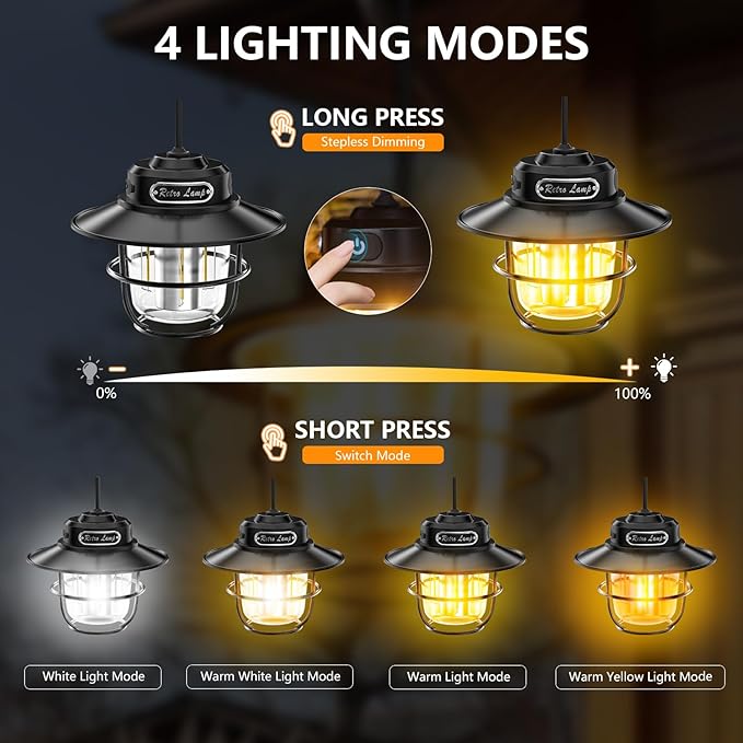 Camping Lantern, Portable Camping Light, Rechargeable Lanterns 4 Light Modes(1300-6500K), Adjustable Brightness, Waterproof Tent Lantern LED Lanterns for Power Outages, Camping, Fishing