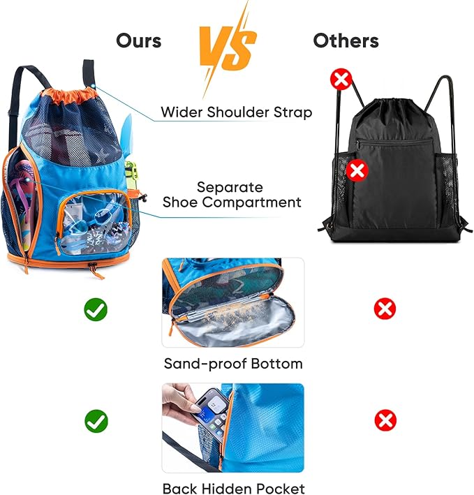 Mesh Drawstring Backpack with Shoe Compartment, Sandproof Beach Swim Bag with Wet Pocket, Pool Gym Shower Bag for Travel Summer Camp