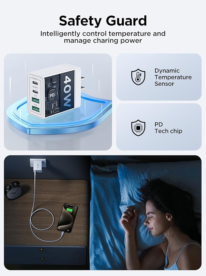 [2-Pack] USB C Wall Charger Block, 40W 4-Port USB C Super Fast Charger Dual Port PD Power Adapter+QC Wall Plug Multiport Type C Brick Cube Compatible with iPhone 15 14 13 12 11 Pro XR XS 8 7, Samsung