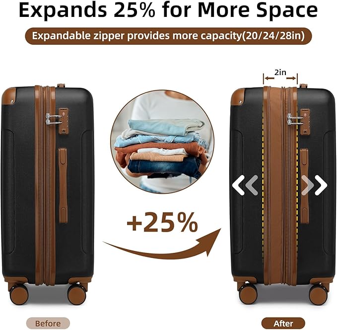 6 Piece Luggage Sets with Bags, Lightweight Expandable Checked Luggage Sets, Hardshell ABS Spinner Wheels Carry on Suitcase with TSA Lock, for Travel, Women Men (Black Brown, 18/20/24/28inch+2bags)