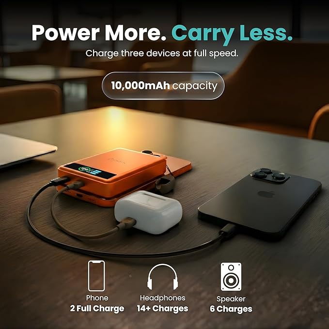 10K Magnetic Power Bank, Orange, Qi2 Certified 15W Wireless Charger, LCD Display, Solid-State Battery for Safer Travel, Ultra-Slim USB-C Fast Charging Portable Charger for iPhone 17/16/17