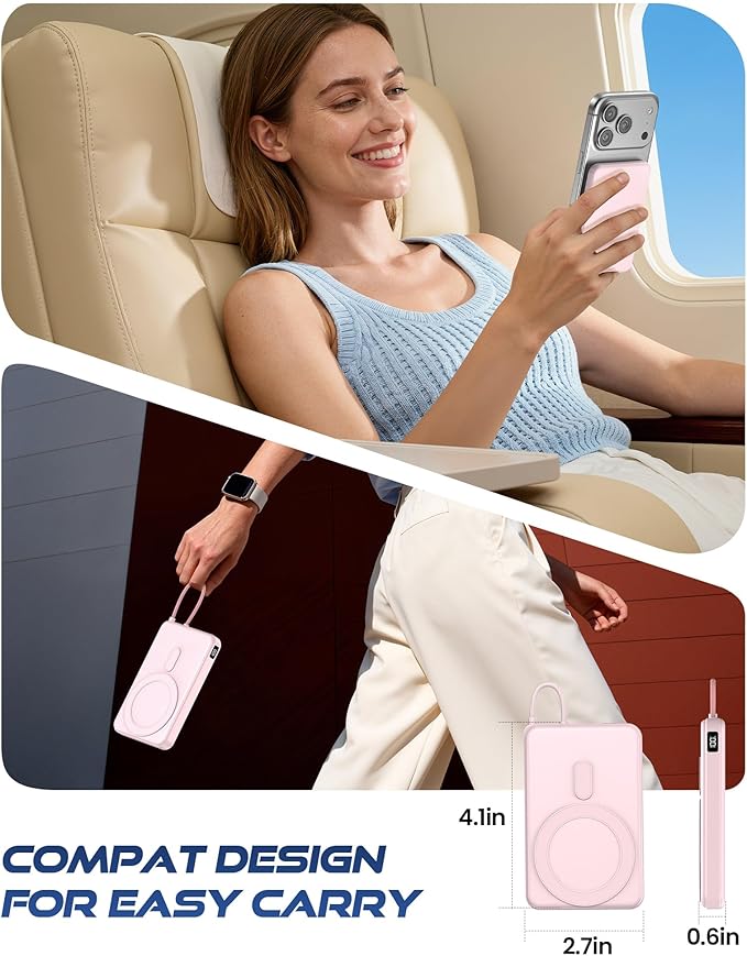 golioklsy Portable Charger Power Bank, 10000mAh Phone Charger with Built-in Cable, 20W PD Fast Charging, Slim Battery Pack with LED Display, Travel Essential for iPhone 17/16/15/14 All Series, Pink