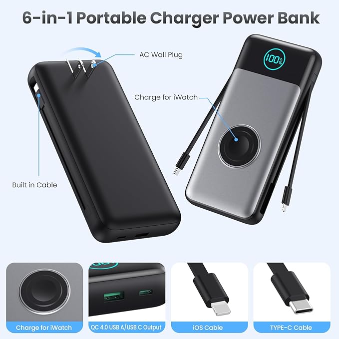 FOCHEW Portable Charger for iPhone with Built-in Cables and AC Wall Plug,26800mah Fast Charging USB C Power Bank,25W PD Travel Essential Battery Pack for iPhone 17/16/15/14/13/12,Galaxy,Apple Watch