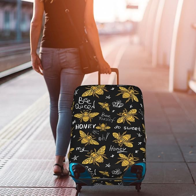 Travel Luggage Cover Suitcase Protector, Honey Bees Golden Luxury Thicker Washable Elastic Stretch Anti-scratch Baggage Cover with Concealed Zipper for Spinner Wheeled Suitcase Fits 25-28 Inch Luggage