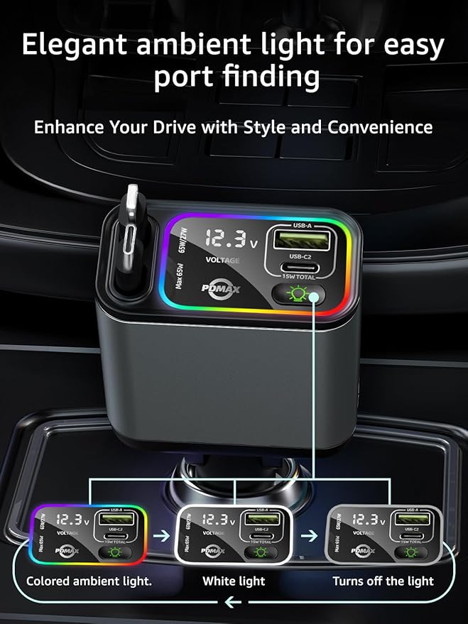 Retractable Car Charger USB C,107W Type C Car Charger Fast Charging with Dual Retractable Cable and USB Ports for iPhone 17/16/15,S25/24/23, Pixel 9/8/7(Build-in USB-C & Lightning Cable)