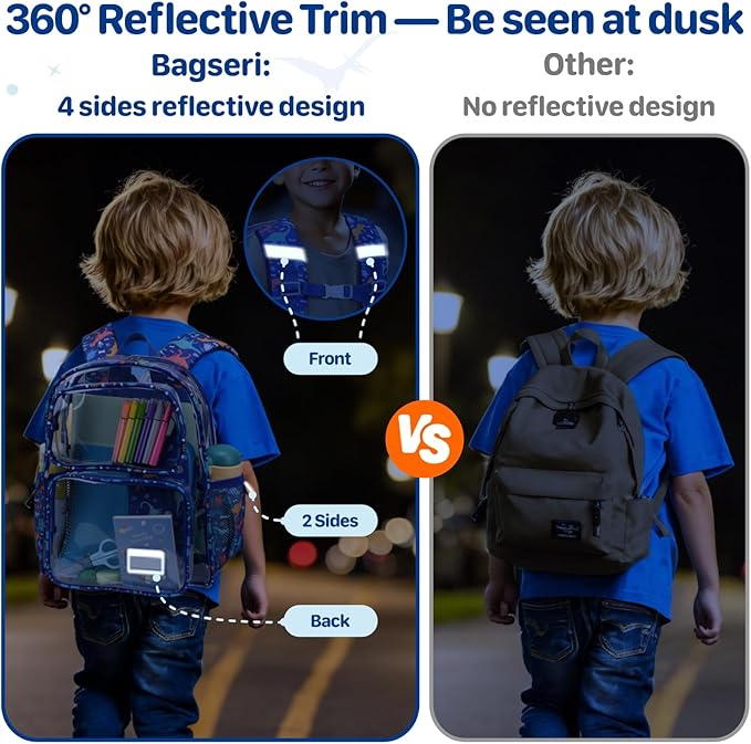 Bagseri Clear Backpack for Boys - 15 Inch Heavy Duty Kids Clear Bookbag for Kindergarten to Grade 2, Transparent School Bag with Reflective Strip, Fits Folders, Blue Dinosaur