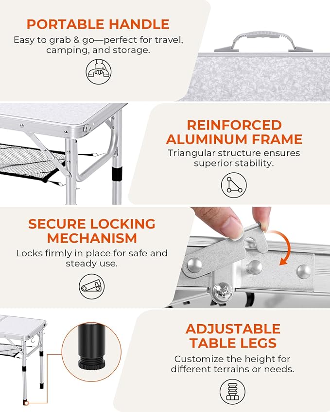 Sportneer Camping Table: Adjustable Height Small Folding Table 23.6" L x 15.7" W 2 Height with Mesh Layer - Compact & Portable Camping Essentials for Outdoor Camp Garden Picnic BBQ Dining Cooking