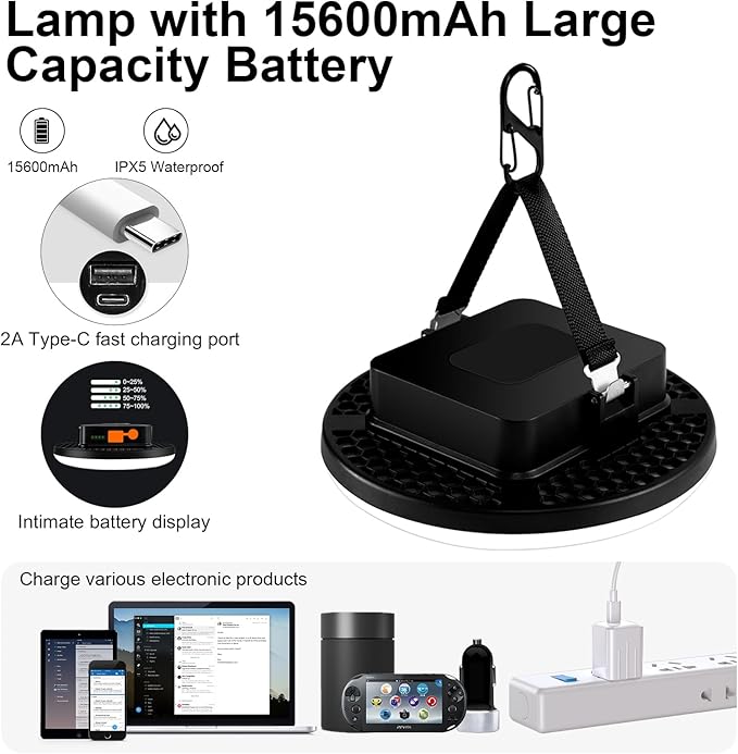 IODOO 16500mAh 60W Rechargeable Camping Light 3000LM 2700/4000/6500K LED Camping Lantern Portable IP65 Waterproof Tent Lights Power Failur