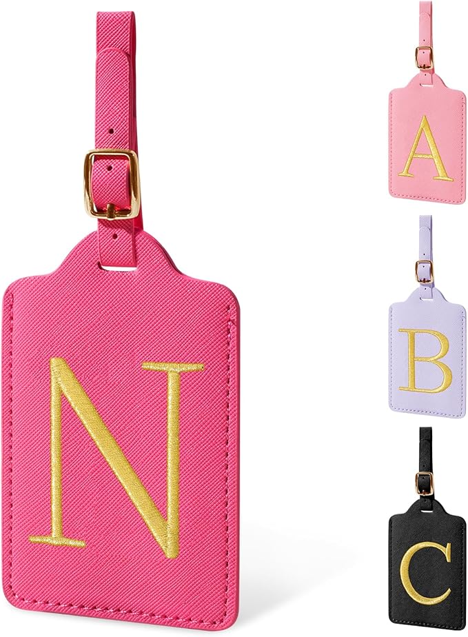 Personalized Rose Red Leather Initial Luggage Tags - Cute Embroidered Custom Monogram Name Card Cover Travel Backpack Gift for Women & Kids