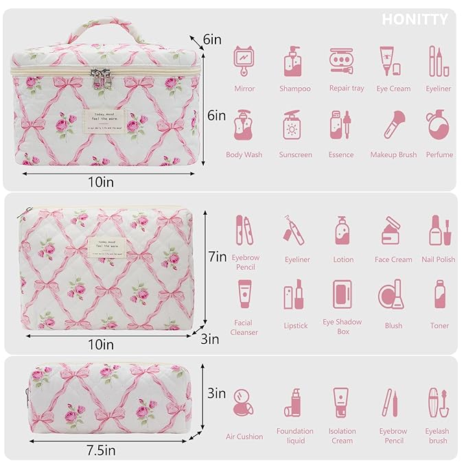 honitty Makeup Bag,Quilted Cosmetic Bag,Large Floral Make Up Bag for Women,Cotton Makeup Bag Set,Flower Travel Toiletry Bag