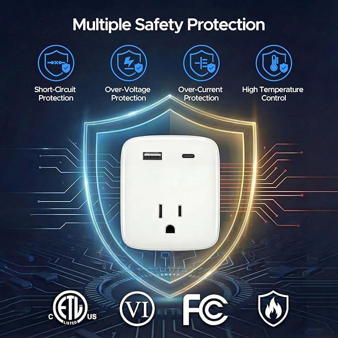 Cruise Ship Approved Outlet Extender, Non Surge Protector Power Strip with 3 AC Outlets & 2 USB (1 USB-C), Multi Plug Adapter, Travel Cruise Essentials, ETL Listed.