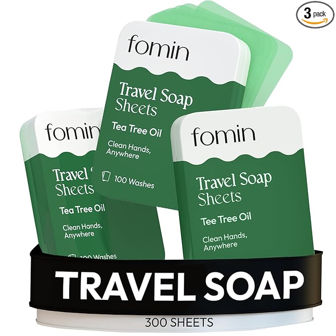 FOMIN - Antibacterial Paper Soap Sheets Tin for Traveling - 3 Pack Tea Tree - Portable Travel Hand Soap Sheet, Dissolvable Mini Camping Hand Soap for Hand Washing