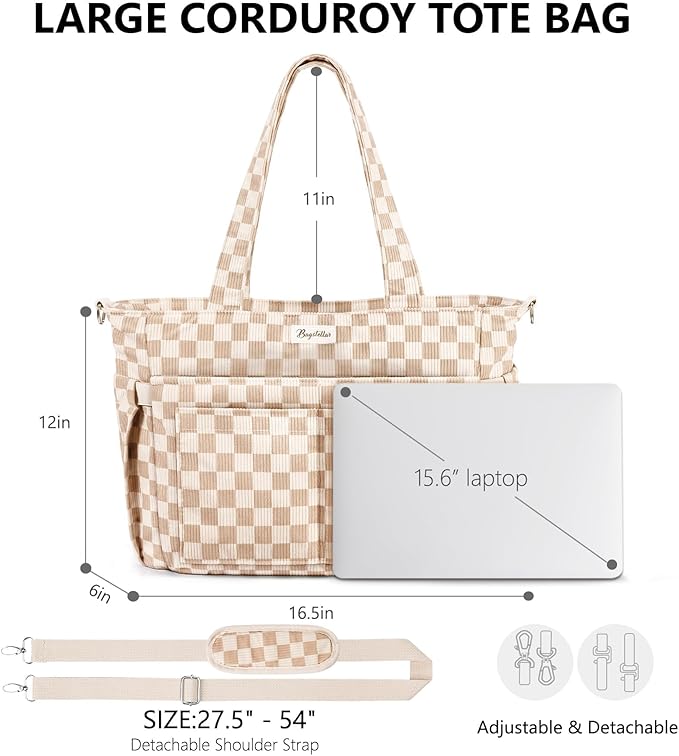 Bagstellar Corduroy Tote Bag for Women, 17 Pockets Laptop Work Tote Bag Lightweight Teacher Nurse Bible Bag for School Travel | with 40oz Cup Holder, Multi Compartment, Zipper Crossbody Bag, College Shoulder Bag, Daily Purse w/ Strap, Ideal Gift for Women