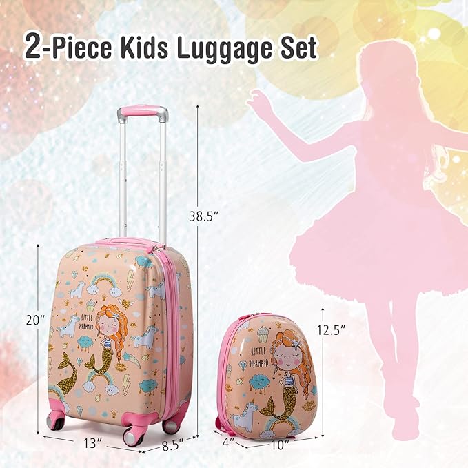 BABY JOY 2 PC Kids Carry On Luggage Set, 18" Toddler Trolley Case & 12" Backpack with Hard Shell & Rolling Wheel Design, Kids Suitcase for Boys Girls (Mermaid)