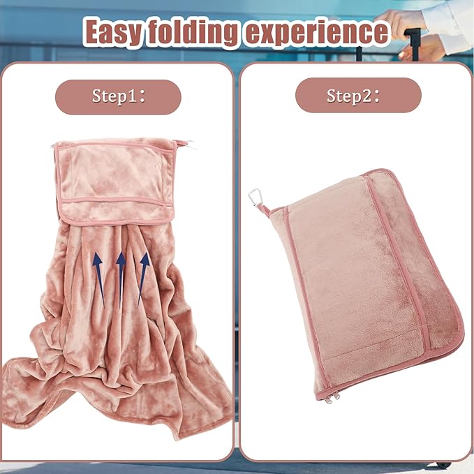 Travel Blanket, 2 in 1 Soft Flannel Airplane Blanket Warm Travel Blanket Pillow with Luggage Strap and Buckle, Portable Compact Flight Blanket for Cars Airplanes Camping 63x39 Inch (Pink)