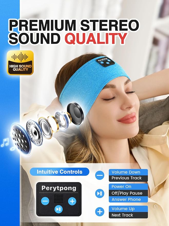 Perytong Sleep Headphones Wireless, Bluetooth Sports Headband Headphones with Ultra-Thin HD Stereo Speakers Perfect for Sleeping,Workout,Jogging,Yoga,Insomnia, Air Travel, Meditation (Azure)