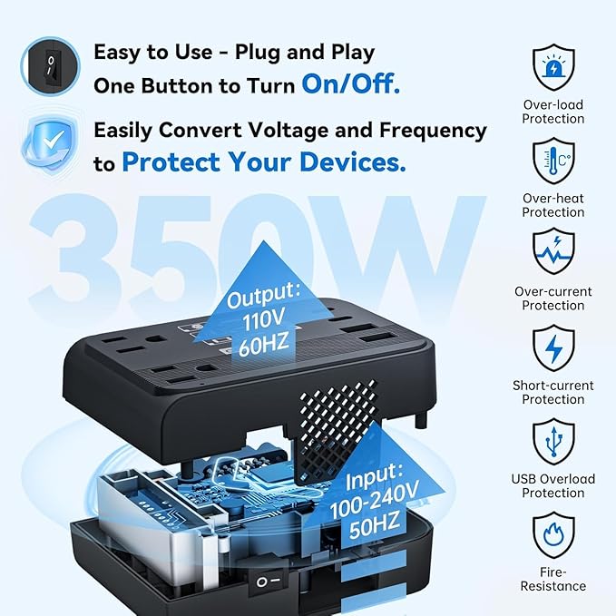 DOACE 350W Travel Voltage Converter US to Europe 220V to 110V Converter for Curling Iron Straightener Converter for European Travel 4 USB Charging Universal Power Plug Adapter UK/AU/US/EU, Black