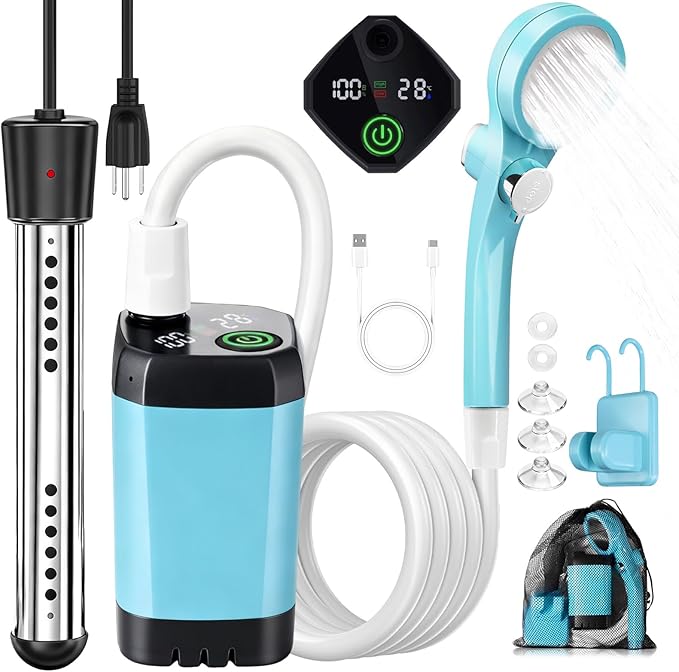 Portable Camping Shower with Heater, 6000mAh Rechargeable Portable Shower with 2000W Immersion Heater, LED Display, Heated Camping Shower for Travel, Hiking, Car, Pet