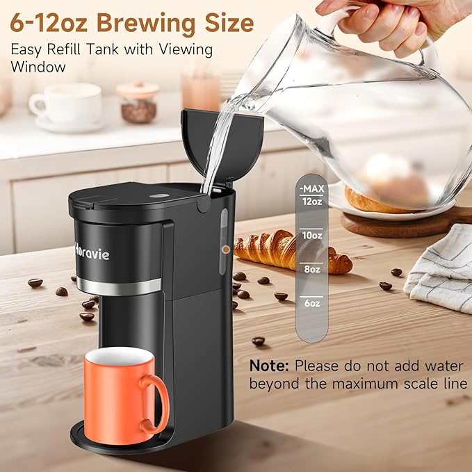 Horavie Small Single Serve Coffee Maker, Fast Brew One Cup Coffee Machine for K Cup and Grounds, 6 to 12 oz. Brew Sizes, Pod Coffee Maker with Descaling Reminder and Viewing Tank, Black