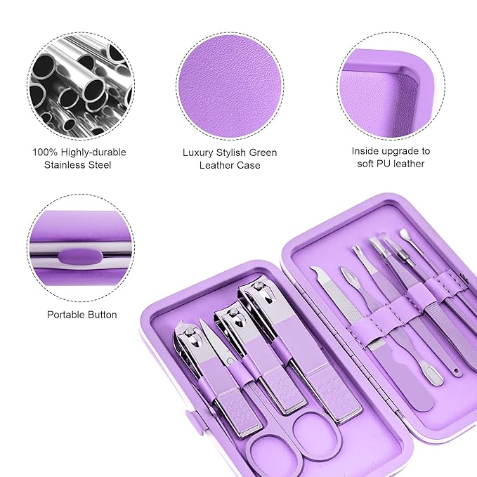 Manicure Set, Travel Mini Nail Clippers Kit Pedicure Care Tools, 10pcs Stainless Steel Grooming kit (Violet)