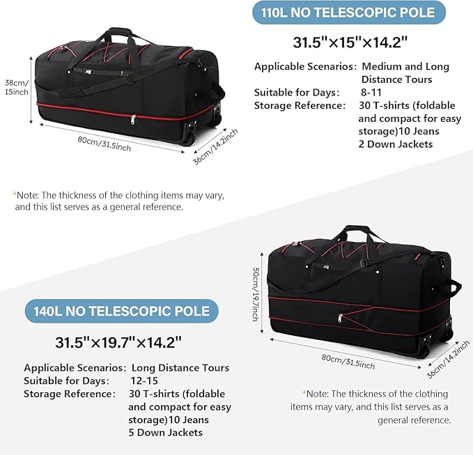Rolling Duffle Bag with Wheels,110L/140L Expandable Soft-Sided Foldable Duffle Bag with 2 Rubber Wheels,Packable 32” Rolling Carry-On with Multi-Pockets & Compartments