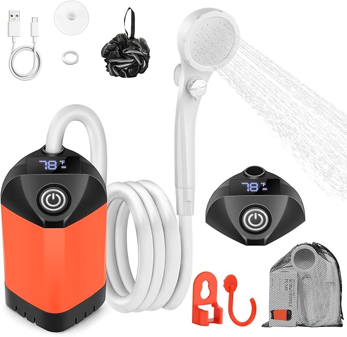 Portable Shower for Camping with 7800mAh Battery, Rechargeable Camping Shower with Intelligent LED Display, 3 Spray Modes, IPX8 Waterproof Outdoor Camp Pump for Hiking, Travel, Car, Pet