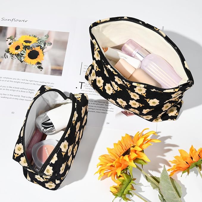 SOIDRAM 2 Pieces Flower Makeup Bag Large Cosmetic Bag Capacity Canvas Mix Travel Toiletry Bag Organizer Cute Makeup Brushes Aesthetic Accessories Storage Bag for Women, Flower Mix Black