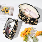 SOIDRAM 2 Pieces Flower Makeup Bag Large Cosmetic Bag Capacity Canvas Mix Travel Toiletry Bag Organizer Cute Makeup Brushes Aesthetic Accessories Storage Bag for Women, Flower Mix Black