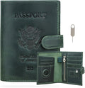 CONTACTS Full Grain Leather Passport Holder Compatible with Airtag RFID Blocking Passport Wallet for Men Travel Passport Cover with SIM Card Removal Tool (Badge, Green)