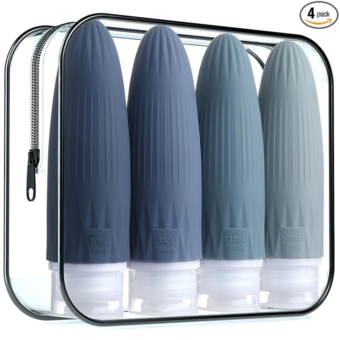 Gemice Travel Bottles for Toiletries, Travel Essentials Refillable Leak Proof Travel Size Toiletries, 3oz TSA Approved Sillicone Squeezable Travel Size Containers for Shampoo Wash Body Lotion (4 Pack)
