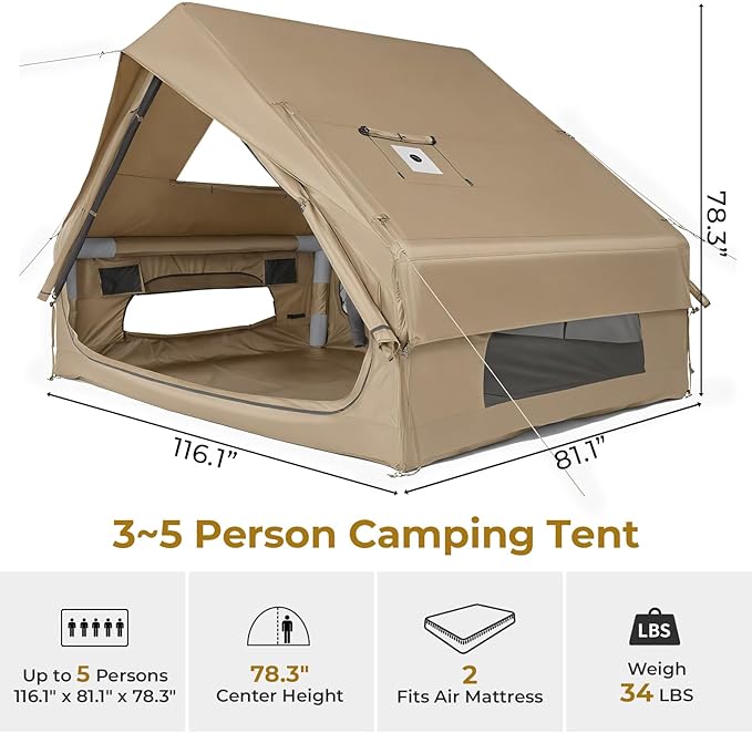 VINGLI Inflatable Camping Tent, All-Weather Inflatable Hot Tents with Stove Jack, Blow Up Tent for Camping with Mesh Doors & Windows, Inflatable Air Tents for Camping Adult