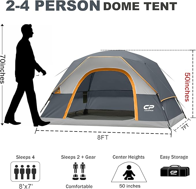 CAMPROS CP Camping Tent 2/4/6 Person, Waterproof Windproof Double Layer Dome Tent, Easy Setup with Large Mesh Windows & Wide Door for Outdoor Camping Backyard