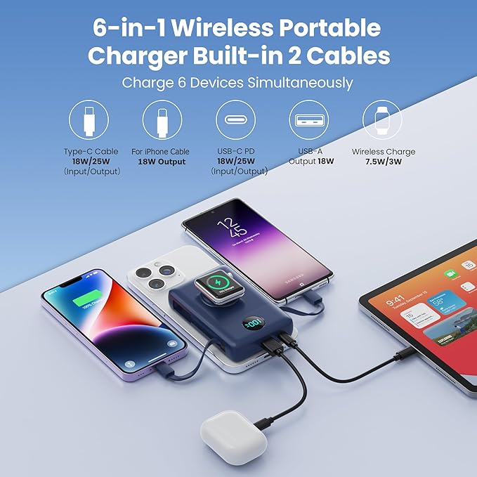 6 in 1 Magnetic Portable Charger for iPhone with Built-in Cables, 10800mAh 25W PD Fast Charging Power Bank, 6 Outputs Travel Essential Battery Pack for iPhone 17/16/15/14/13/12,Apple Watch (Blue)