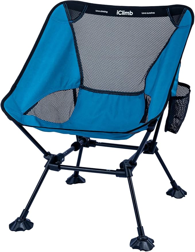 iClimb Ultralight Compact Camping Folding Beach Chair with Anti-Sinking Large Feet and Back Support Webbing (Blue - Square Frame - 2PC)