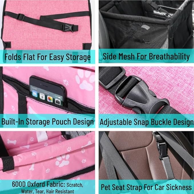 Small Dog Car Seat, Portable Foldable Breathable, Clip-On Safety Leash, Waterproof Oxford Travel Bag, Mesh Window for Pets Up to 15 lbs with 10PCS Pee Pads