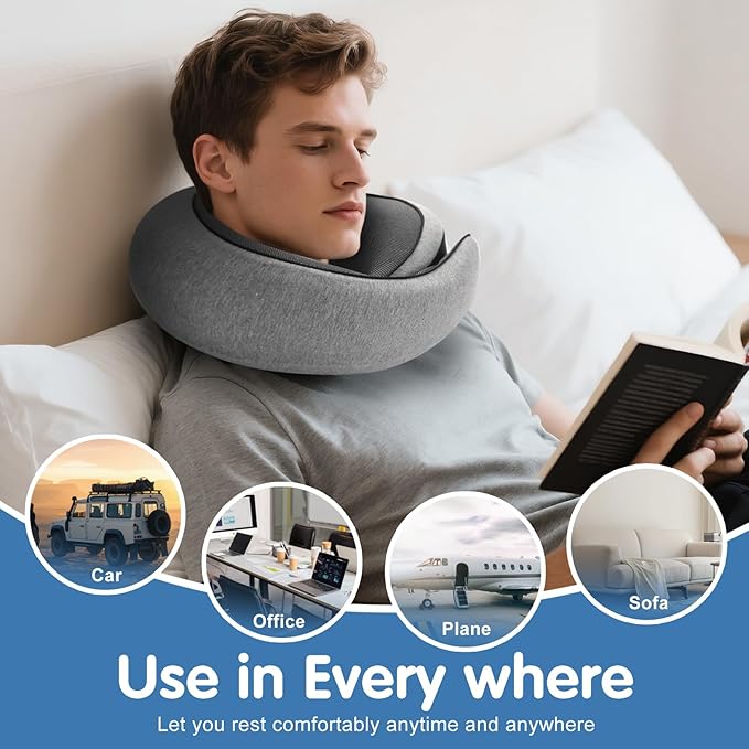 Travel Neck Pillow, Memory Foam Neck Support for Airplane, Car & Office, Breathable Portable Design with Eye Mask, Earplug Holder & Carry Bag, for Men&Women