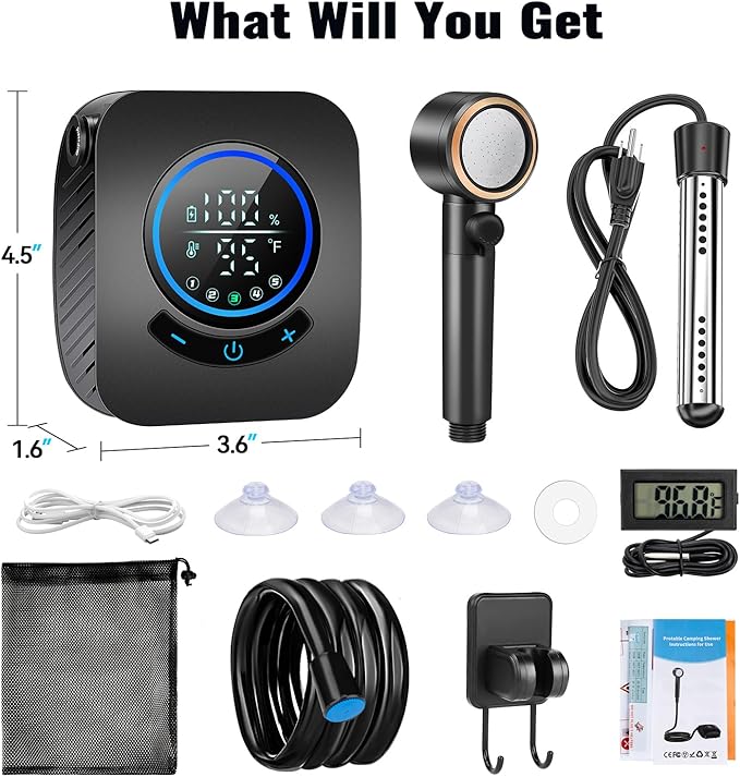 Upgraded Portable Shower with Heater, 1500W Immersion Heated, 8000mAh Rechargeable Camping Shower Pump with LED Display, IPX8 Waterproof Lightweight Outdoor Shower Pump Kit for Hiking